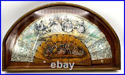 18th Cen French Artist Painted Doube Scene At Rest Hand Fan in Display Case