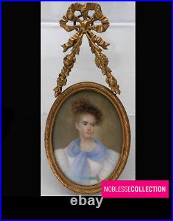 ANTIQUE 1840s FRENCH MINIATURE HAND PAINTED WOMAN PORTRAIT STUNNING BRONZE FRAME