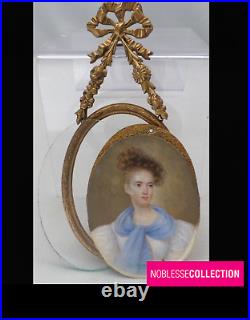 ANTIQUE 1840s FRENCH MINIATURE HAND PAINTED WOMAN PORTRAIT STUNNING BRONZE FRAME