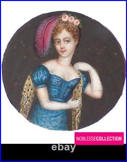 ANTIQUE 1840s FRENCH MINIATURE HAND PAINTED WOMAN WITH OSTRICH FEATHER PORTRAIT