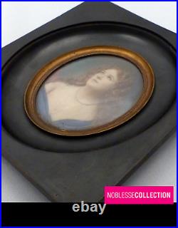 ANTIQUE EARLY 1900s FRENCH MINIATURE HAND PAINTED WOMAN PORTRAIT SIGNED