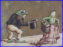 ANTIQUE RARE Watercolor GOLD INLAY ANTHROPOMORPHIC DAPPER FRENCH FROGS
