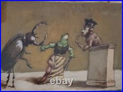 ANTIQUE RARE Watercolor GOLD INLAY ANTHROPOMORPHIC DAPPER FRENCH FROGS