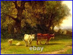 Antique 19C Marie Guillot Pastoral Cows & Sheep O/B Landscape Painting
