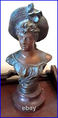 Antique 19thC French Artist Signed Bronze Sculpture Figural Bust? XLT Girl in Hat