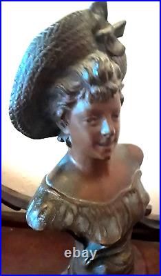 Antique 19thC French Artist Signed Bronze Sculpture Figural Bust? XLT Girl in Hat