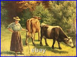 Antique ARSENE SAUVAGE Chromolithography Print Art Picture French Artist Cows