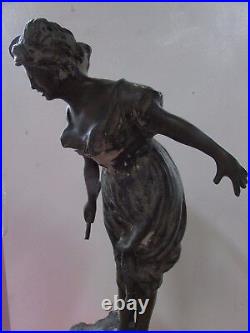 Antique Bronze Statue Of Lady With Rabbit Signed Artist Maker Stamp French