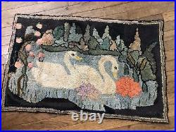 Antique Folk Art Hooked Rug. With 2 Swans Swimming Unusual Subject TX27