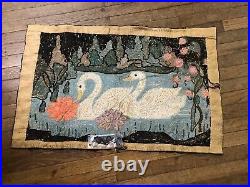 Antique Folk Art Hooked Rug. With 2 Swans Swimming Unusual Subject TX27