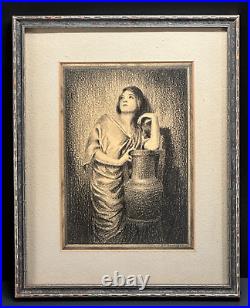 Antique Framed French Etching The Source Artist Browoer 1926 Lady Cistern 11x9