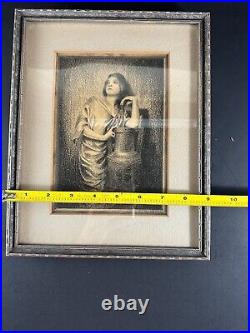 Antique Framed French Etching The Source Artist Browoer 1926 Lady Cistern 11x9