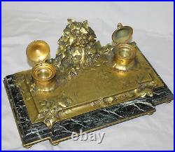 Antique French Art Nouveau Bronze and Marble Double Ink Well Stands Artist Sig