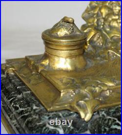 Antique French Art Nouveau Bronze and Marble Double Ink Well Stands Artist Sig