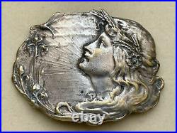 Antique French Art Nouveau Silver Plated on Brass Buckle Signed -Ladies portrait