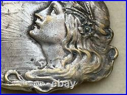 Antique French Art Nouveau Silver Plated on Brass Buckle Signed -Ladies portrait