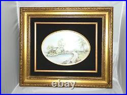 Antique French Countryside Painting on Porcelain Gold Gild Frame 3D Black Velvet