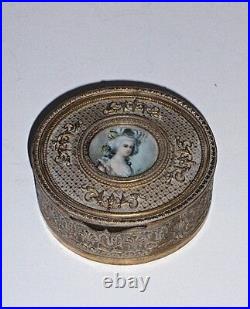 Antique French Gilt Hand Painted Miniature Portrait Trinket Box, Artist Signed