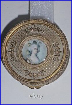 Antique French Gilt Hand Painted Miniature Portrait Trinket Box, Artist Signed