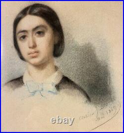 Antique French Portrait Miniature, Pastels, Listed Artist, c. 1880 Beautiful Girl