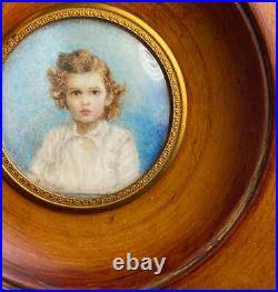 Antique French Portrait Miniature of Little Girl Boy, Blond Child, Artist Signed