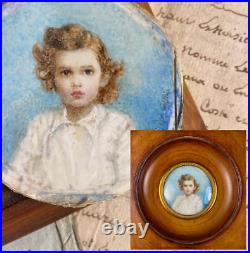 Antique French Portrait Miniature of Little Girl Boy, Blond Child, Artist Signed