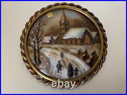 Antique French Victorian Artist Brooch signed A Winter Christmas at the church