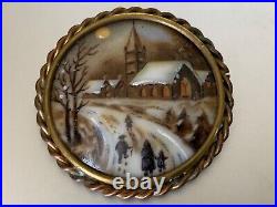 Antique French Victorian Artist Brooch signed A Winter Christmas at the church