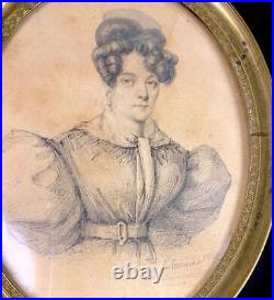 Antique French c. 1829 Artist Signed Drawing Portrait Miniature of Stylish Woman