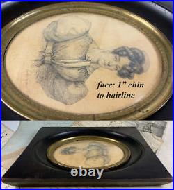 Antique French c. 1829 Artist Signed Drawing Portrait Miniature of Stylish Woman