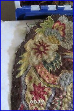 Antique Hand Woven French Tapestry fragment 23x21 Birds Floral Needlepoint