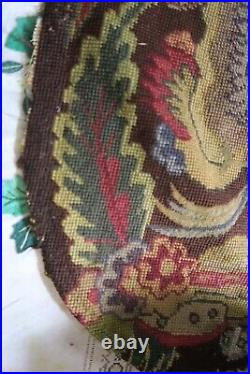 Antique Hand Woven French Tapestry fragment 23x21 Birds Floral Needlepoint