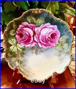 Antique Limoges France 1900 Hand Painted Pink Roses Rococo Style Charger 9 ½