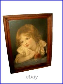 Antique Lithograph Boy With Apple Jean Baptiste Greuze 1725-1805 Old Wavy Glass