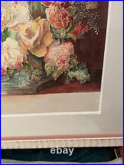 Antique Original 15X19 Rose Watercolor Painting French Flowers Pink OOAK