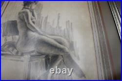 Antique Original Nude Portrait Drawing Signed by Artist Framed French Matting