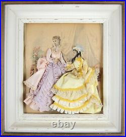 Antique Shadow Boxes French Fashion Prints, Framed 3 Dimensional Embellishment