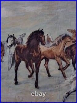 Antique french Aubusson tapestry horses pictorial wall hanging home decor 122