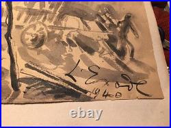 Antique signed Original WWII 1940 French Artist WATERCOLOR of France Exodus