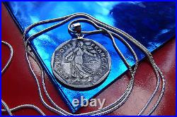 Artist Antiqued French Deux Franc Pendant on a 30 925 Silver Snake Chain
