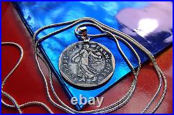 Artist Antiqued French Deux Franc Pendant on a 30 925 Silver Snake Chain