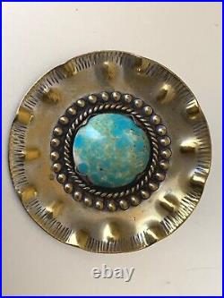Beautiful Vintage French Artist Brooch -Handmade- Round Turquoise Cabochon 5cm