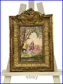 French 18th antique oil painting panel /signed & in Louis XV frame The Picnic