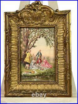 French 18th antique oil painting panel /signed & in Louis XV frame The Picnic