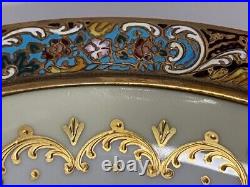 French champleve enamel bronze. Sevres porcelain centerpiece. Artist signed