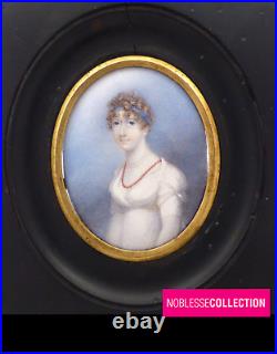 LARGE 3.74 in. ANTIQUE EARLY 1800s FRENCH EMPIRE HAND PAINTED MINIATURE PORTRAIT