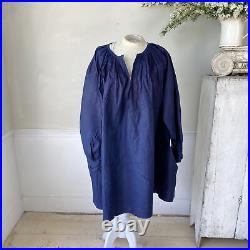 Large Linen French Antique smock dyed indigo blue Chintz artist's shirt tex