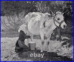 Lovely 1800s JULIEN DUPRE Antique Print Milkmaid & White Cow Framed SIGNED COA