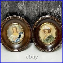 Matched Antique Pair Mini Framed Paintings Couple Aristocratic Portraits French