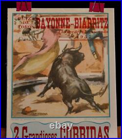 ORGINAL PLAZA DE TOROS BAYONNE-BIARRITZ BULL FIGHTING 1957 Santos Saavedra art